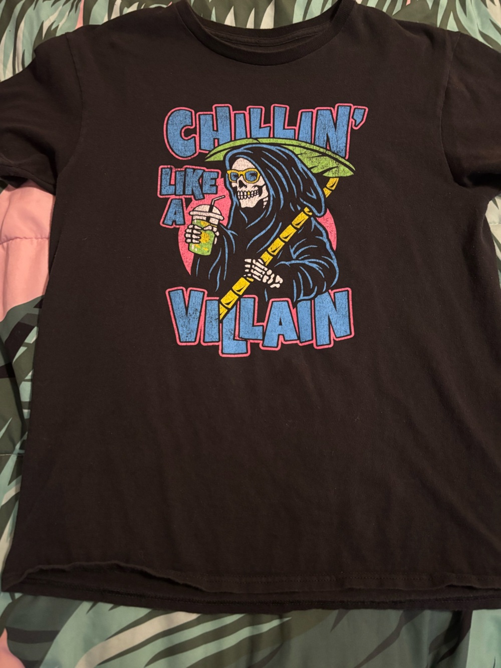 Black Short Sleeve Graphic Tee with Colorful Grim Reaper Print